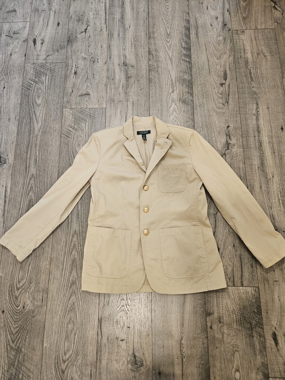Lauren Ralph Lauren Beige Monogram Cotton Twill Blazer with Gold Buttons Sz. P/M
